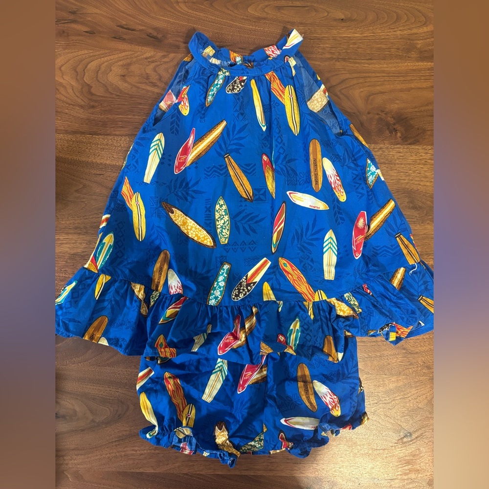 Girls size 4 Leialoha's Hawaiian handmade smocked Surfboard Print Ruffle Dress
